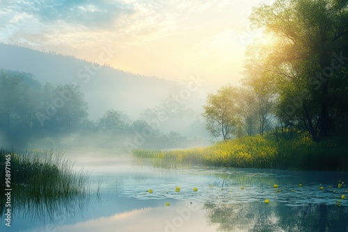 Misty Morning Sunrise Over a River With Lily Pads