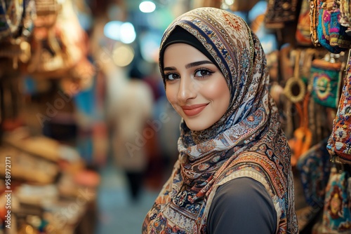 Woman with Embroidered Hijab in Traditional Market Setting