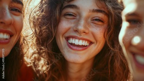 Close-up of smiling friends outdoors, sunlit summer day