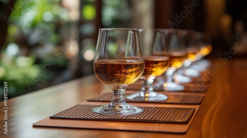 Row of glasses filled with amber liquid, likely whiskey or bourbon, on a wooden table, with blurred greenery in the background. photo