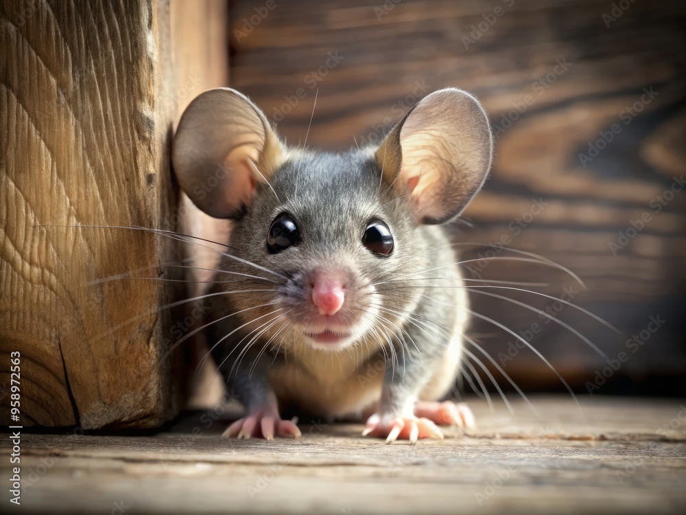 Terrified little grey mouse cowers in corner, wide eyes fixed on unseen threat, trembling whiskers and tense posture Terrified little grey mouse cowers in corner, wide eyes fixed on unseen threat, trembling whiskers and tense posture