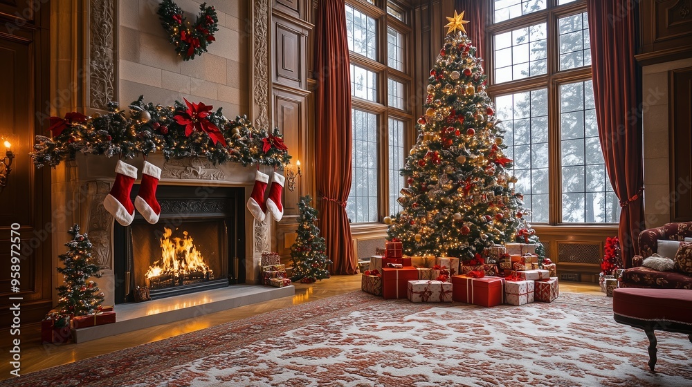 Fototapeta premium Elegant Christmas Tree in Grand Living Room