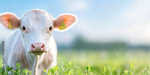 A cow stands still in a peaceful pasture against the blue sky. photo