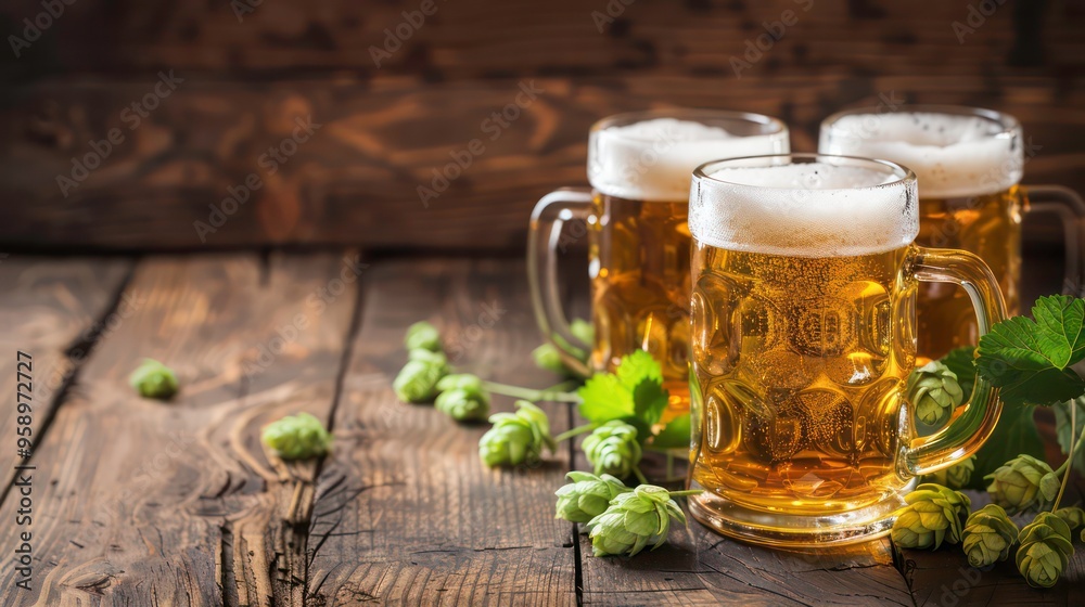 Three glasses of light beer with hops on a wooden table. Three glasses of light beer with hops on a wooden table.