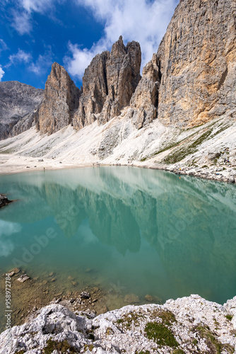 Antermoia lake in the Catinaccio d'Antermoia group on the Dolomites.Trentino Alto Adige, Italy