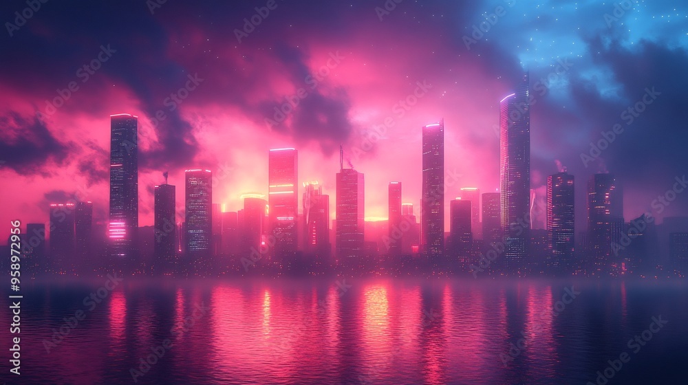 Futuristic city skyline glowing neon lights Futuristic city skyline glowing neon lights