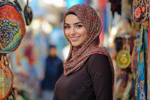 Woman with Embroidered Hijab in Traditional Market Setting