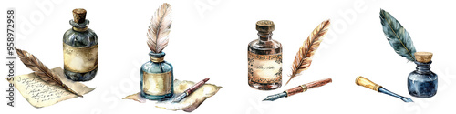 Vintage writing tools featuring ink bottles, quills, and parchment, perfect for evoking a classic literary ambiance.