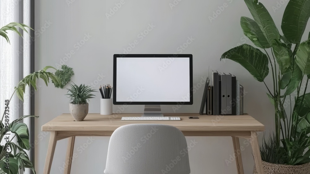 A serene and organized workspace featuring a stylish desk, greenery, and a blank screen inviting focus and creativity, inspiring productivity. A serene and organized workspace featuring a stylish desk, greenery, and a blank screen inviting focus and creativity, inspiring productivity.