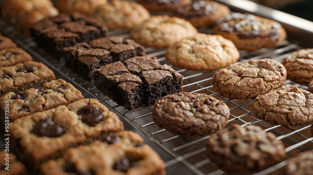 Freshly baked cookies and brownies on cooling rack, warm kitchen setting Freshly baked cookies and brownies on cooling rack, warm kitchen setting