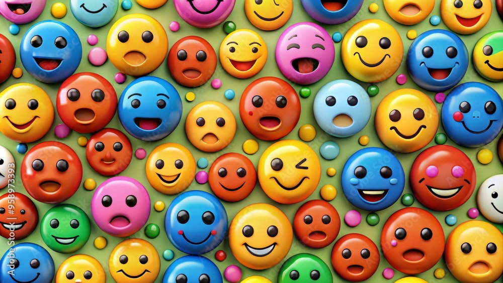 Fototapeta premium Vibrant, colorful emoticon faces with various expressions, from happy to sad, surprised to angry, scattered across a