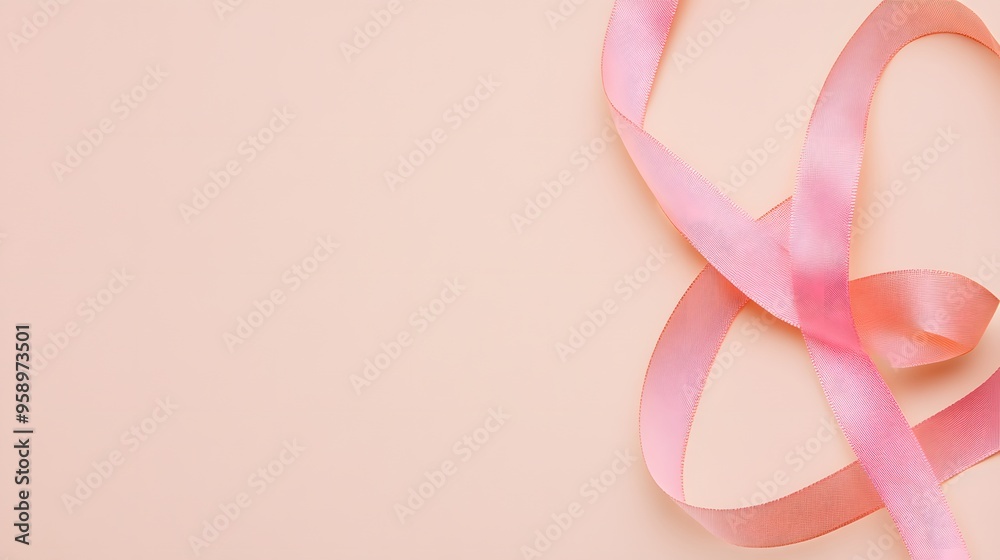 A pink ribbon on a light pink background. A pink ribbon on a light pink background.