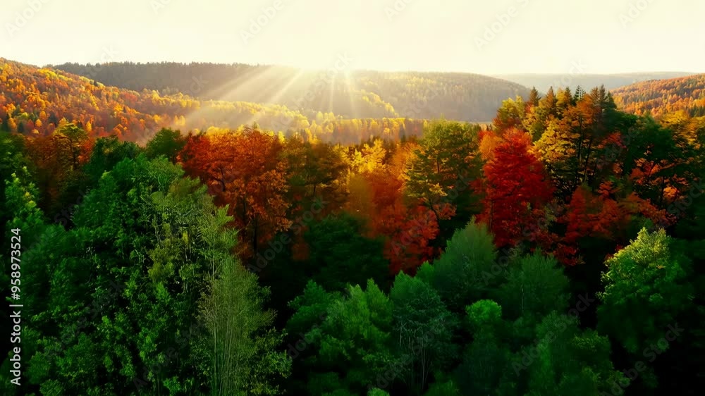A dense forest, transitioning from the vibrant green of summer foliage to the warm hues. Green and orange autumn leaves, woods in fall. Drone shot. A dense forest, transitioning from the vibrant green of summer foliage to the warm hues. Green and orange autumn leaves, woods in fall. Drone shot.