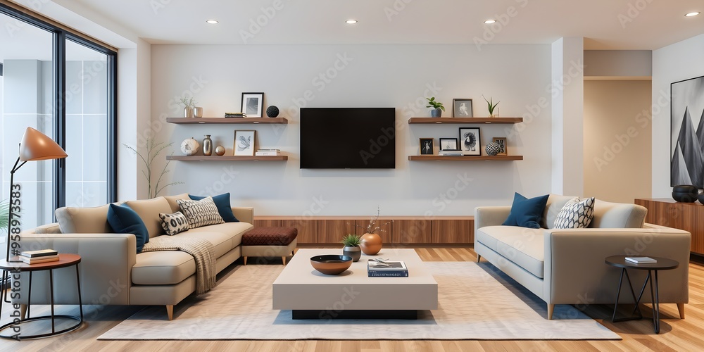 Contemporary Living Room with Sectional Sofa and Wall-Mounted Shelves Contemporary Living Room with Sectional Sofa and Wall-Mounted Shelves