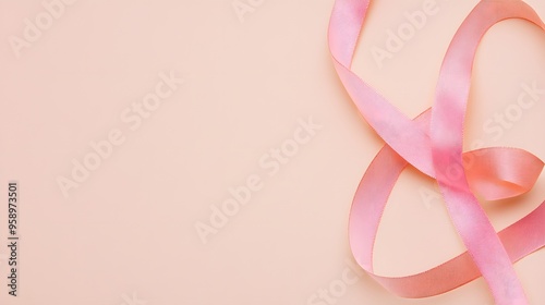 A pink ribbon on a light pink background. 