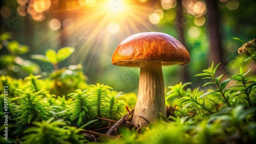 Wallpaper Mural Vibrant, earthy-toned still life of a freshly picked wild mushroom nestled among lush green foliage, softened by warm, Torontodigital.ca