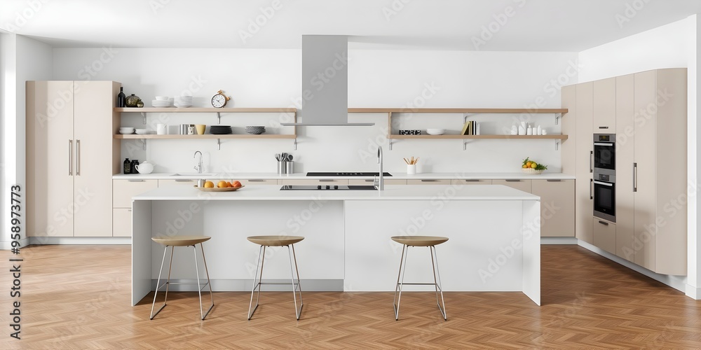 Modern Kitchen with Sleek Island and Open Shelving Modern Kitchen with Sleek Island and Open Shelving