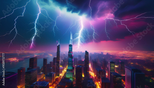 thunderstorm Lightning striking a city, hyper realistic.