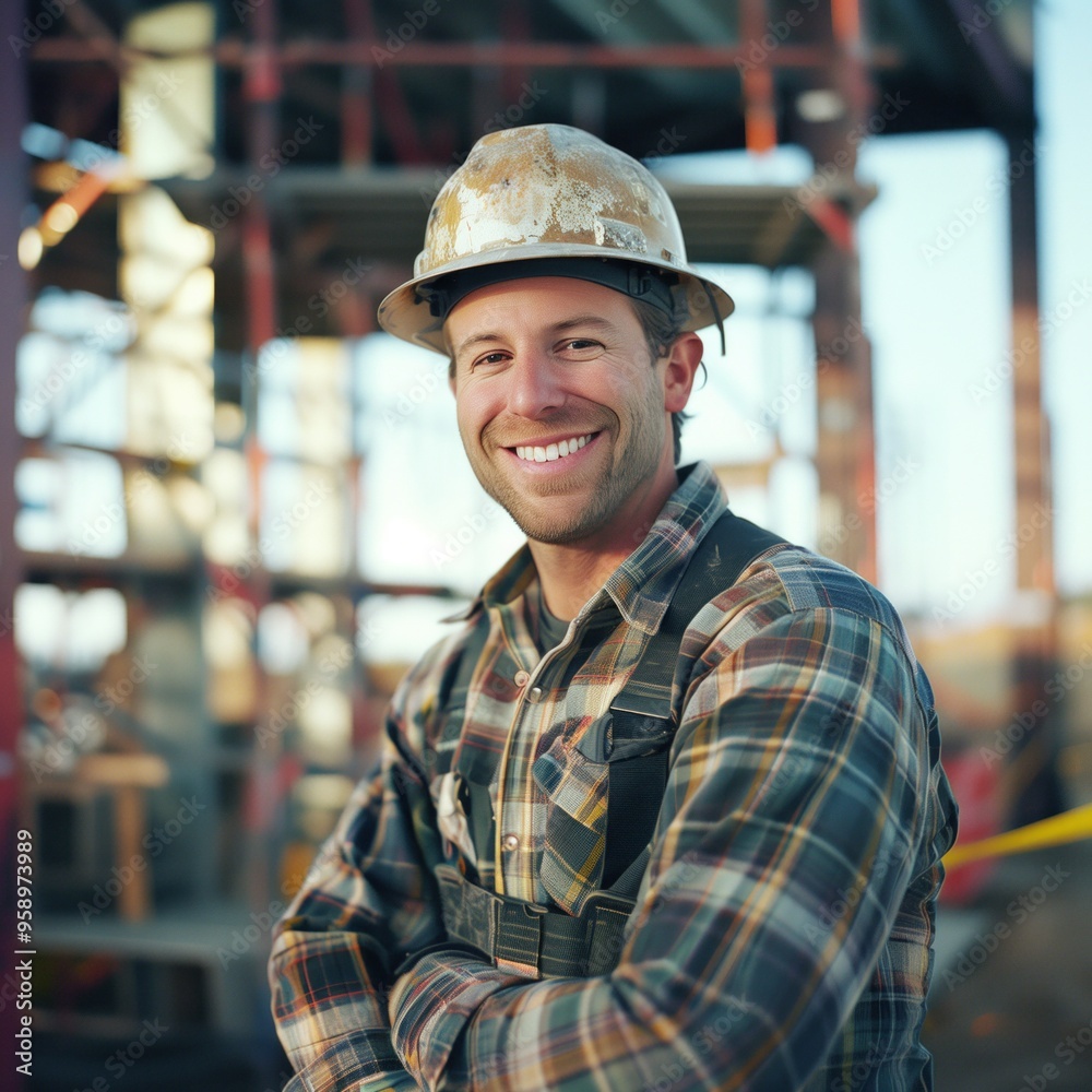 Confident construction worker stands on industrial site in scaffolding and cranes. He wears a hard hat and plaid shirt, surveying surroundings from a higher vantage point. Confident construction worker stands on industrial site in scaffolding and cranes. He wears a hard hat and plaid shirt, surveying surroundings from a higher vantage point.