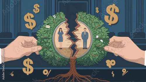 A Family Tree Torn Apart, Symbolizing the Financial Struggles of Divorce and Its Emotional Toll. Generative AI