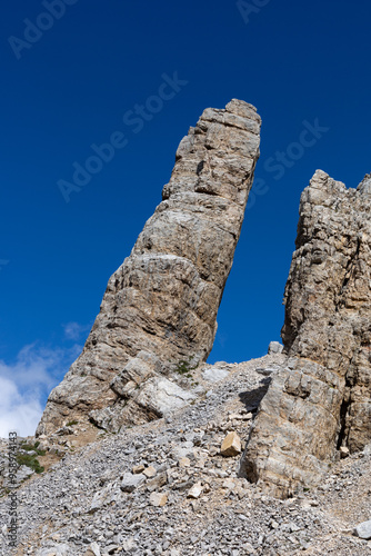 dolomite rocky scenery in the Latemar Massif, UNESCO world heritage site. The iconic pinnacle is named Torre di Pisa. Val di Fiemme, Trentino-Alto Adige, Italy, Europe