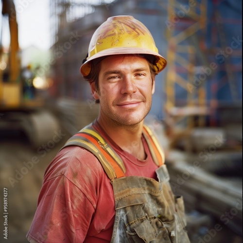 Confident construction worker stands on bustling site, wearing vibrant attire, smiling at camera in industrial surroundings. Towering cranes reach towards sky, workers busy behind him.