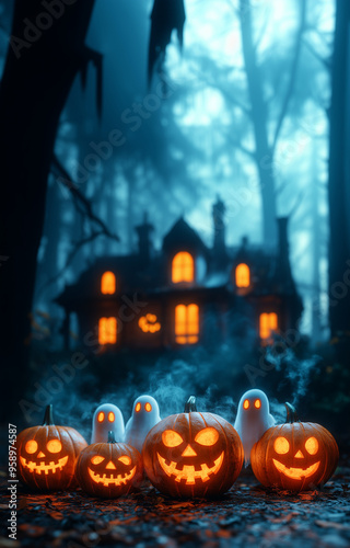 Pumpkin Patch of Spirits: A Foggy Halloween Night Full of Ghostly Whispers and Glowing Jack-o'-Lanterns in Front of a Haunted House Deep in the Dark Woods, with Bats Soaring Under a Moonlit Sky