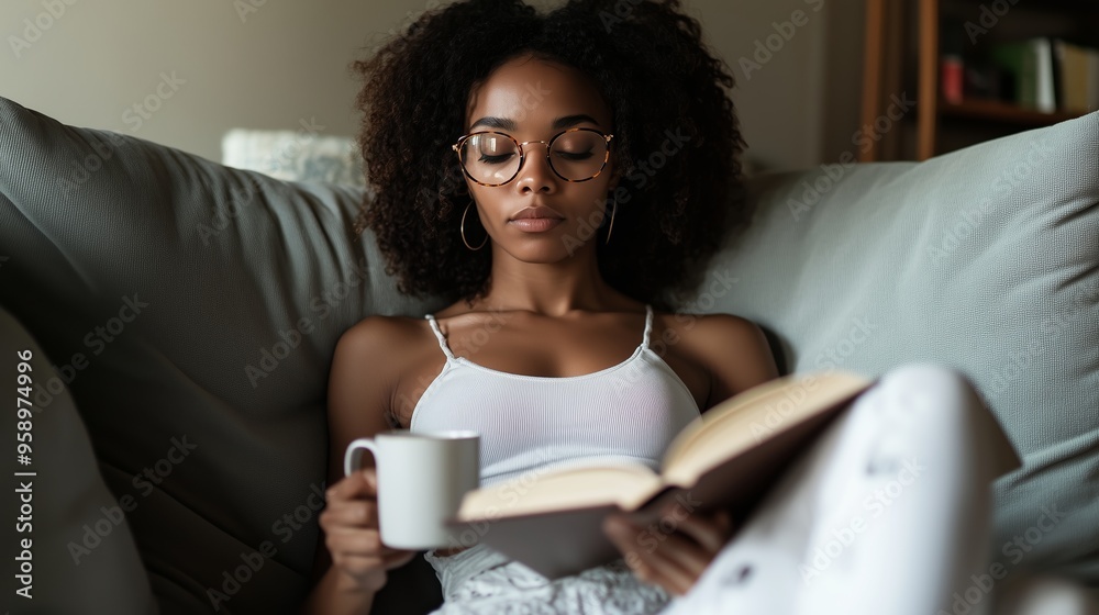 Young woman enjoys quiet moments with a book and coffee while relaxing on a cozy couch in a serene living room Young woman enjoys quiet moments with a book and coffee while relaxing on a cozy couch in a serene living room