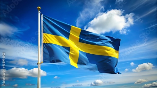 Vibrant blue, yellow, and white Scandinavian flag waves gently in the breeze, symbolizing Sweden's rich history and photo