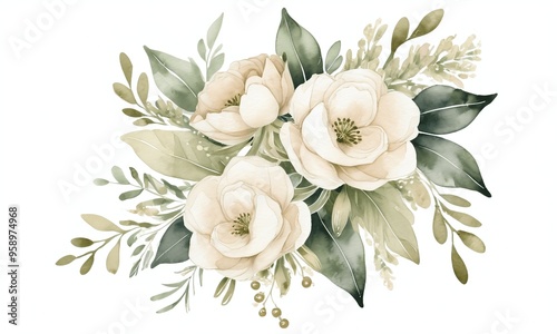 White flowers bouquet with green leaves generative AI illustration