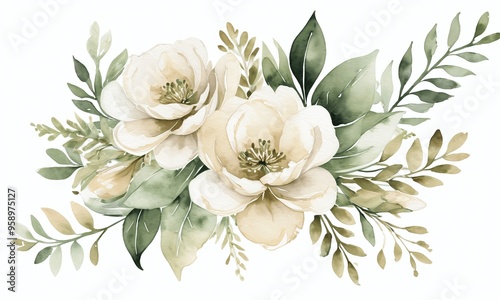 White flowers bouquet with green leaves generative AI illustration