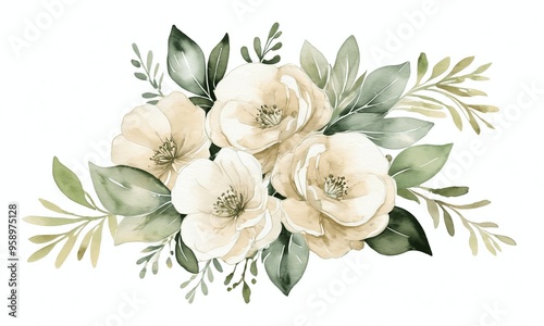 White flowers bouquet with green leaves generative AI illustration