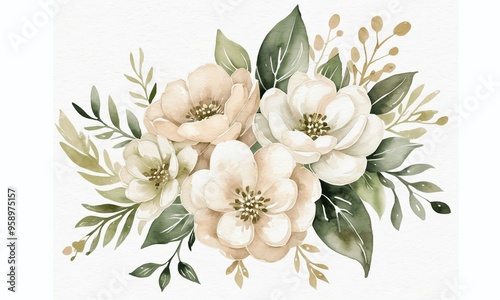 White flowers bouquet with green leaves generative AI illustration