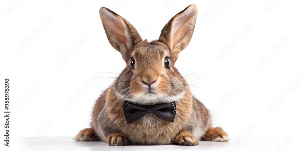 Obraz premium A Brown Bunny with a Black Bow Tie, White Background, Portrait, Cute Rabbit, Easter, Pet, Animal
