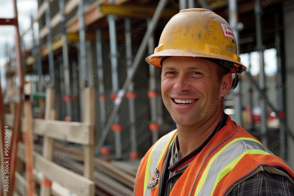 Construction worker wears yellow hard hat and orange vest on site with metal scaffolding behind. Authentic high-end occupational photo captures busy building scene. Construction worker wears yellow hard hat and orange vest on site with metal scaffolding behind. Authentic high-end occupational photo captures busy building scene.