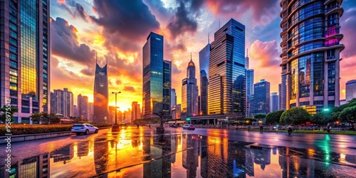 Vibrant cityscape at sunset with sleek skyscrapers, bustling streets, and neon lights reflecting off wet pavement,