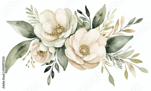 White flowers bouquet with green leaves generative AI illustration