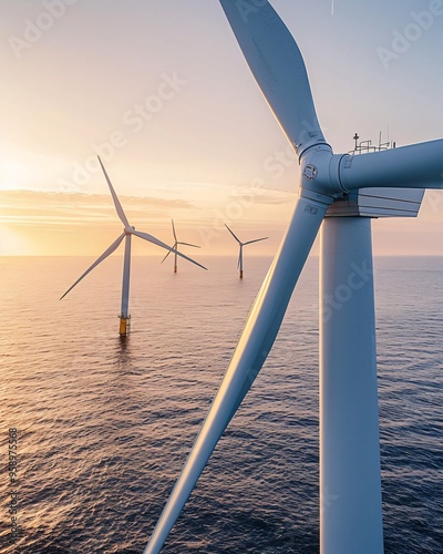  windmill farm in sea at sunset