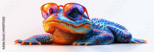 A colorful alligator wearing sunglasses lies on a white background.