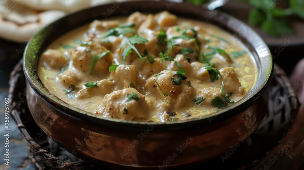 A close-up shot of a creamy, white sauce with chunks of chicken and garnished with cilantro in a dark brown bowl. A close-up shot of a creamy, white sauce with chunks of chicken and garnished with cilantro in a dark brown bowl.