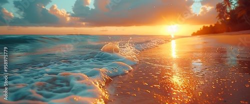 Golden sunset over the ocean, with gentle waves lapping on the shore, creating a tranquil and serene atmosphere.