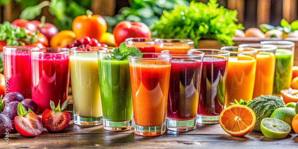 Colorful Array of Freshly Made Fruit Juices, Composition, Fresh, Healthy, Refreshing