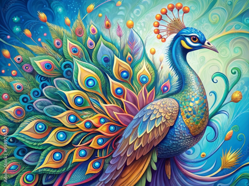 Vibrant colorful illustration of a majestic peacock with intricate feathers, bold lines, and whimsical patterns, set Vibrant colorful illustration of a majestic peacock with intricate feathers, bold lines, and whimsical patterns, set