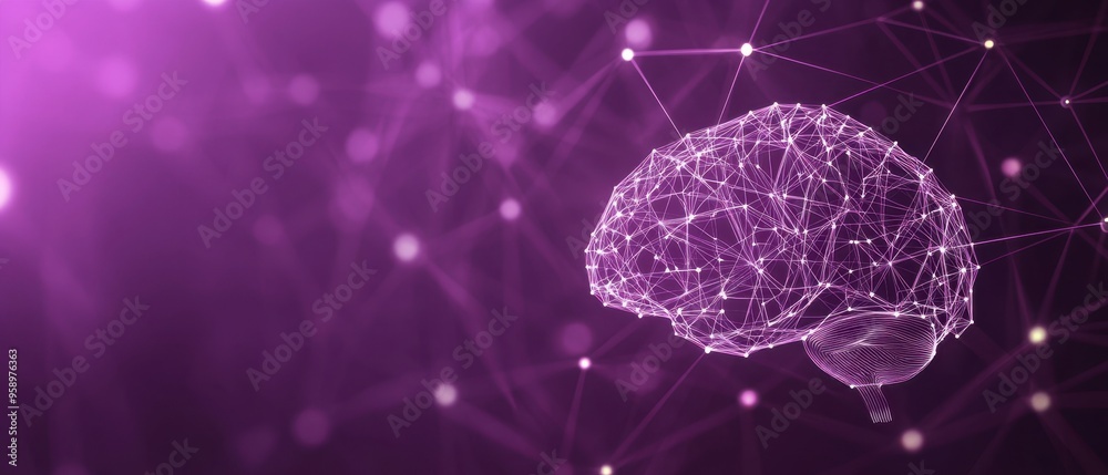 A purple background with an illustration of interconnected nodes forming the shape and outline of a brain, symbolizing artificial intelligence or machine learning Generative AI A purple background with an illustration of interconnected nodes forming the shape and outline of a brain, symbolizing artificial intelligence or machine learning Generative AI