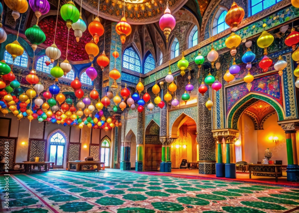 Obraz premium Vibrant colors and intricate patterns adorn a beautifully decorated mosque during Eid celebrations, with lanterns,