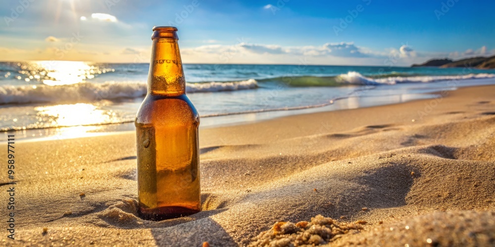 A lone brown beer bottle sits in the sand at the edge of the beach, with the ocean in the background, beach, sunset, beer, vacation