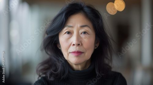 Close-up portrait of a mature Asian woman deep in thought, reflecting the emotional depth of midlife introspection. photo