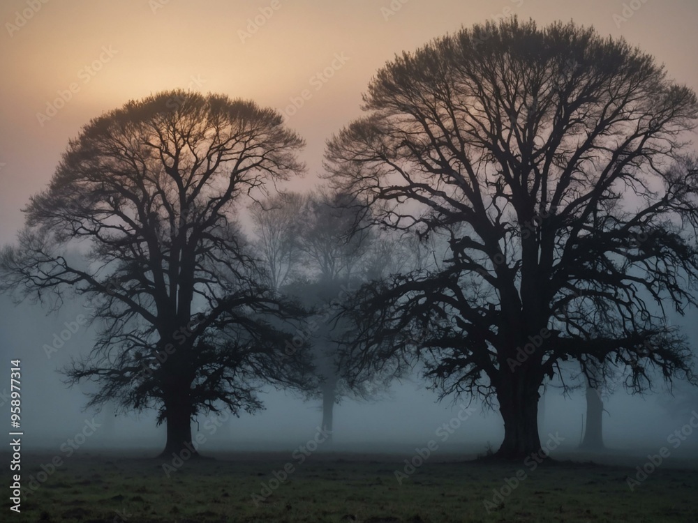 Silhouetted Trees at Dawn in the Fog Silhouetted Trees at Dawn in the Fog