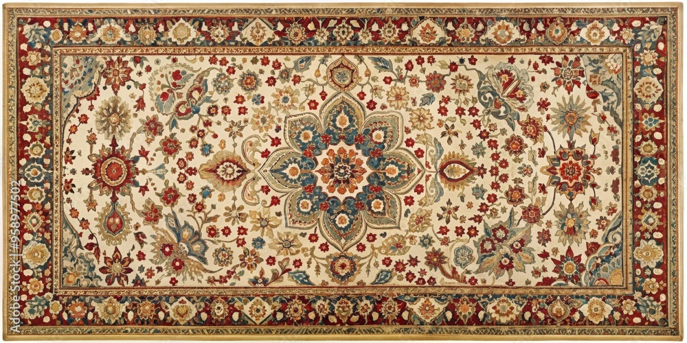 A Mughal Carpet, Cotton and Silk with Intricate Floral Motifs on a Creamy Background, 18th Century, Mughal, Carpet, Silk A Mughal Carpet, Cotton and Silk with Intricate Floral Motifs on a Creamy Background, 18th Century, Mughal, Carpet, Silk