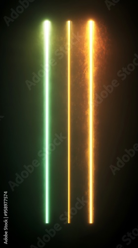 Wallpaper Mural Glowing Neon Vertical Lines in Green and Gold - Dynamic Light Effect on Dark Background Torontodigital.ca
